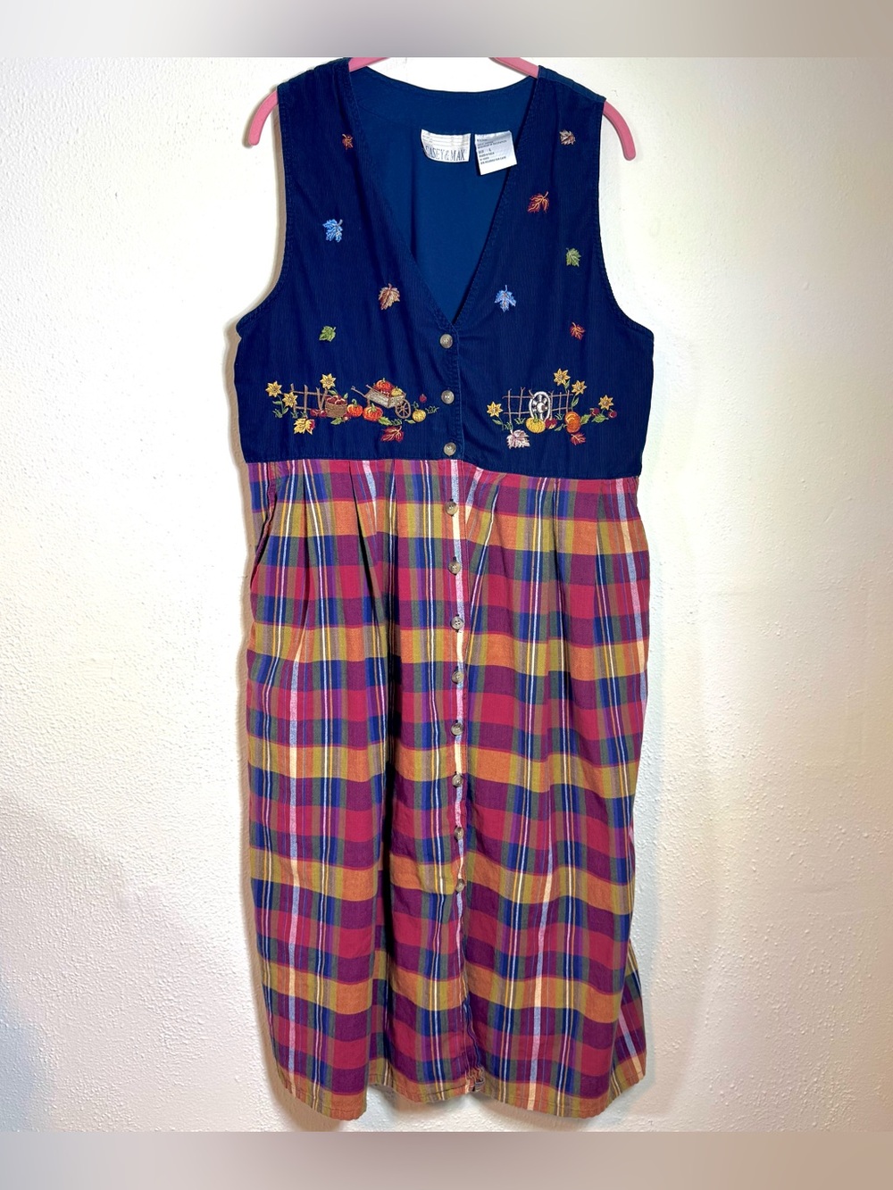 Casey & Max Vintage Fall Harvest Plaid Embroidery Button Front Dress Women’s L